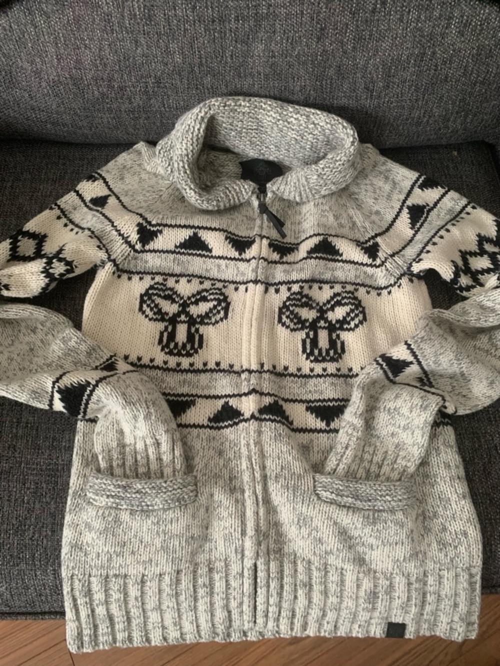 TNA Knit Zip Cardigan in Gray, Cream & Black